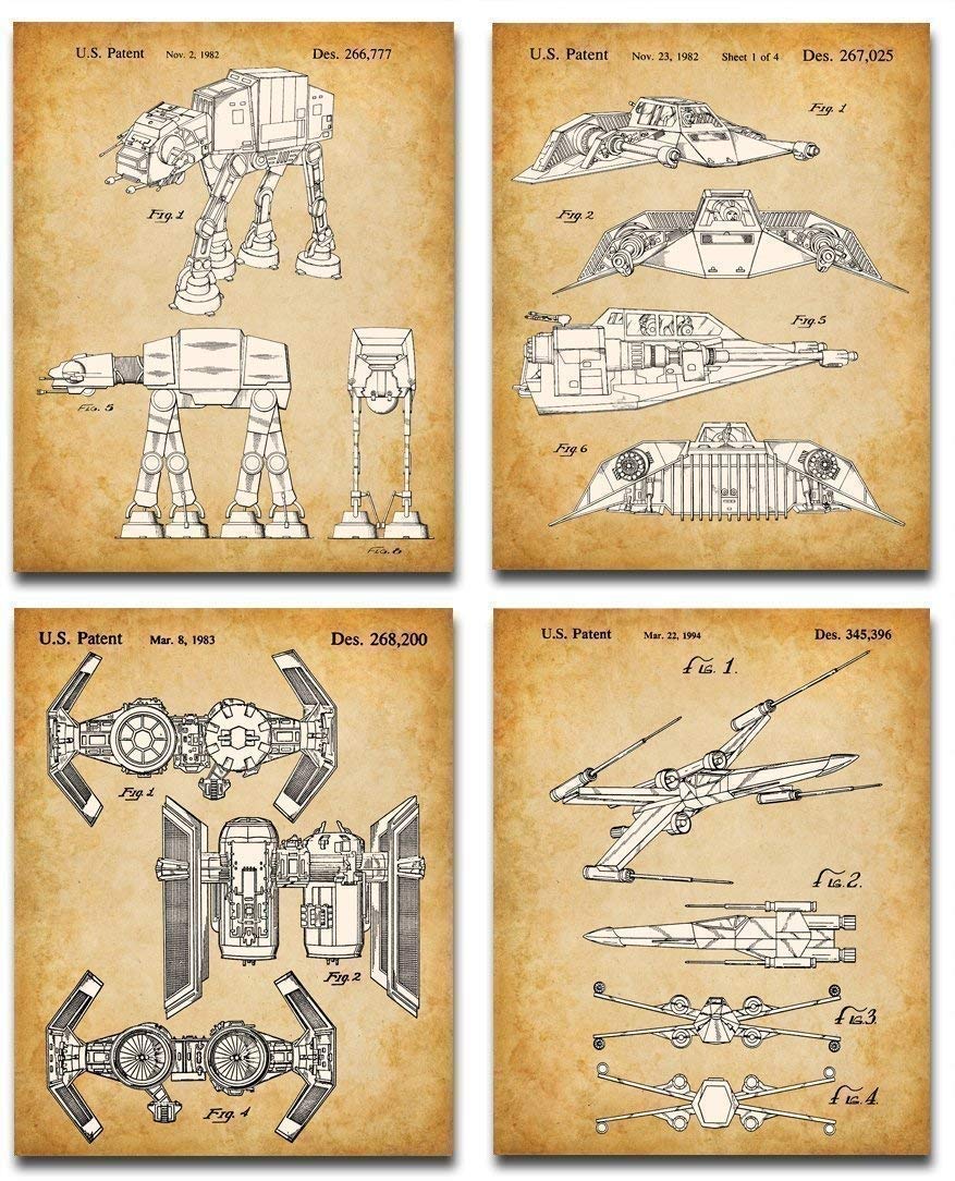 Original Star Wars Vehicles Patent Art Prints - Set of Four Photos (8x10) Unframed - Makes a Great Man Cave Decor and Gift Under $20 for Star Wars Fans