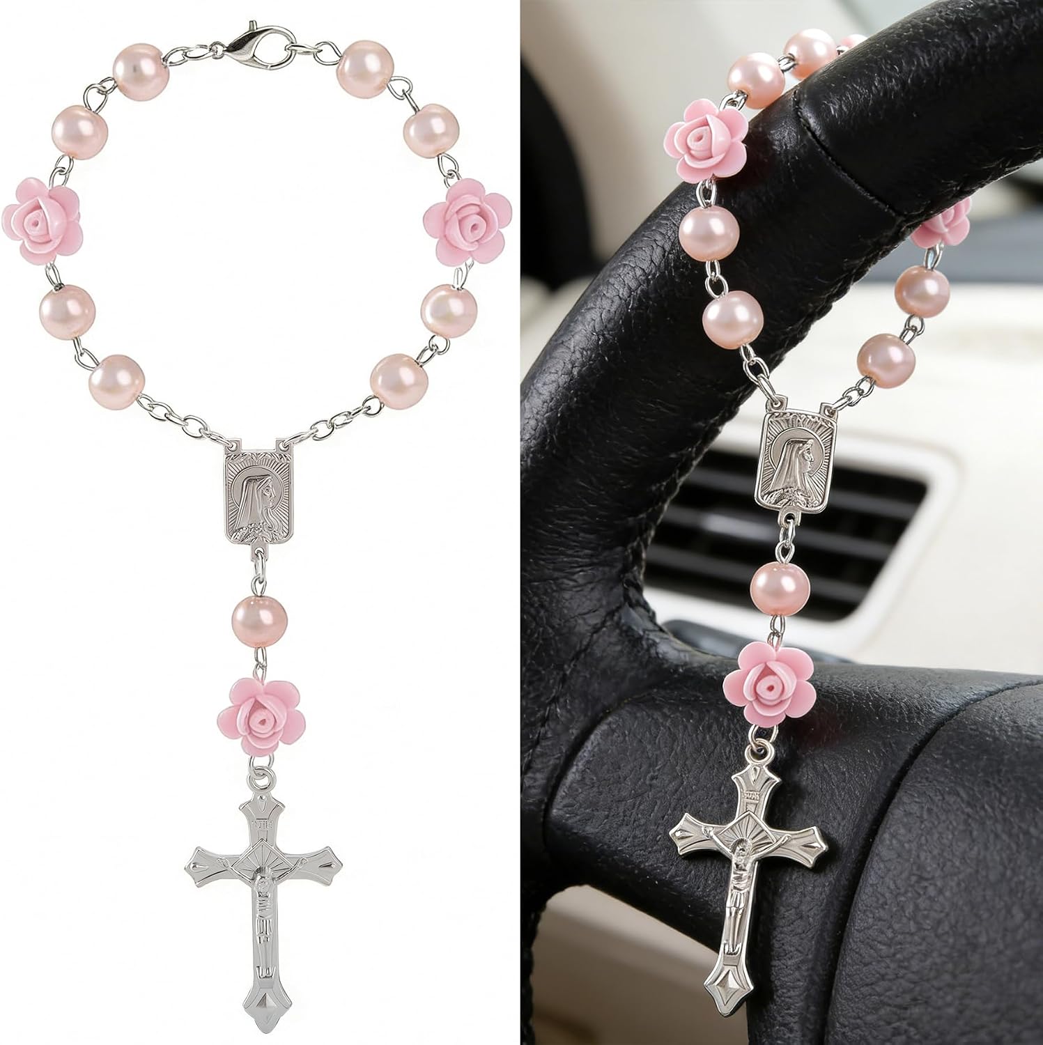 Rosary for Car - Steering Wheel Rosary Charm with Virgin Mary, Steering Wheel Car Accessory for Rearview Mirror Decor, Catholic Gifts Hanging Cross Chain, Cross Accessories Protection Charm