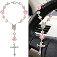 Rosary for Car - Steering Wheel Rosary Charm with Virgin Mary, Steering Wheel Car Accessory for Rearview Mirror Decor, Catholic Gifts Hanging Cross Chain, Cross Accessories Protection Charm