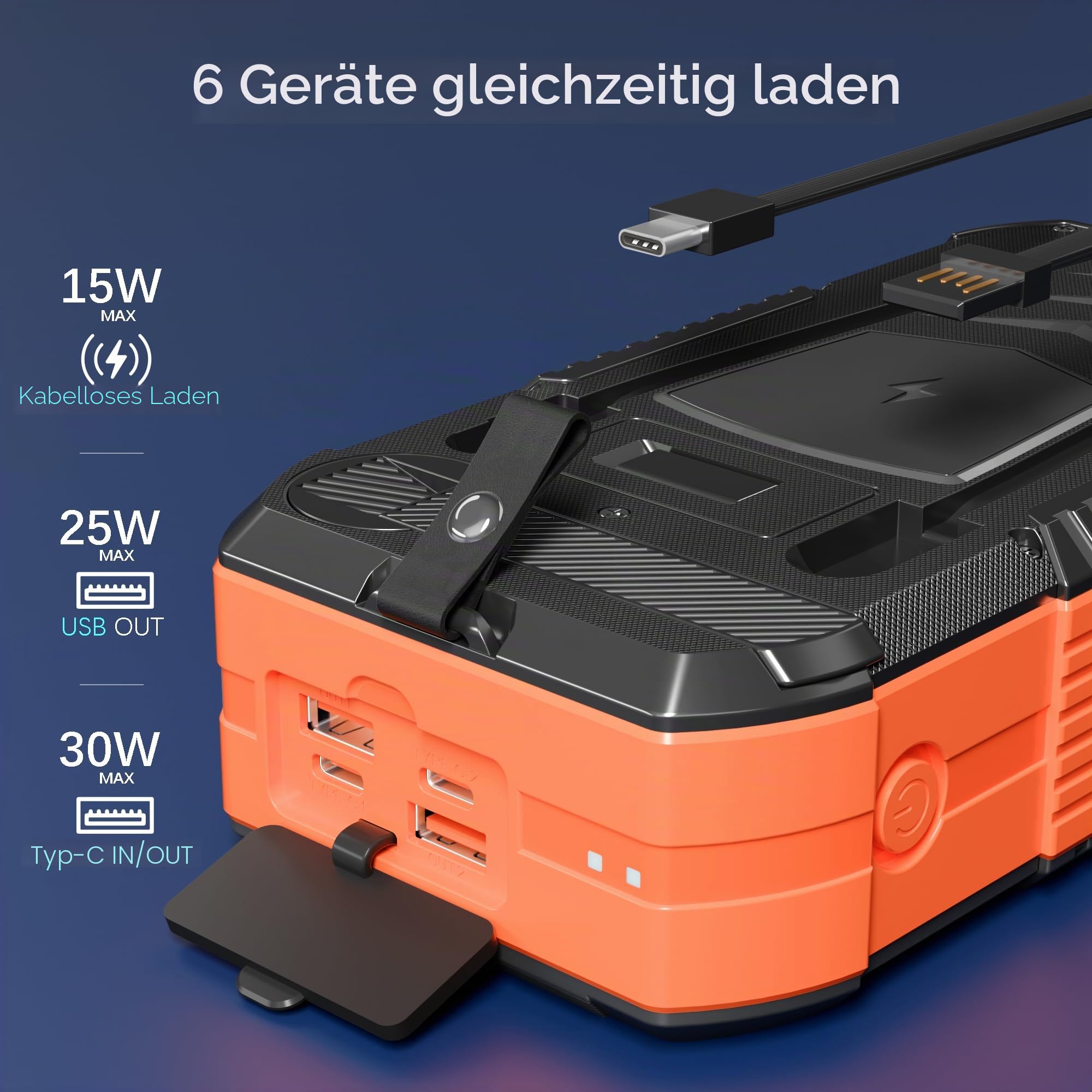 70000mAh Power Bank große Solar Powerbank 30W PD Wireless Externer Handyakku tragbares Ladegerät mit Schnellladefunktion, USB C 6 Ausgängen mit Taschenlampe Kompass Handkurbel für Camping Outdoor