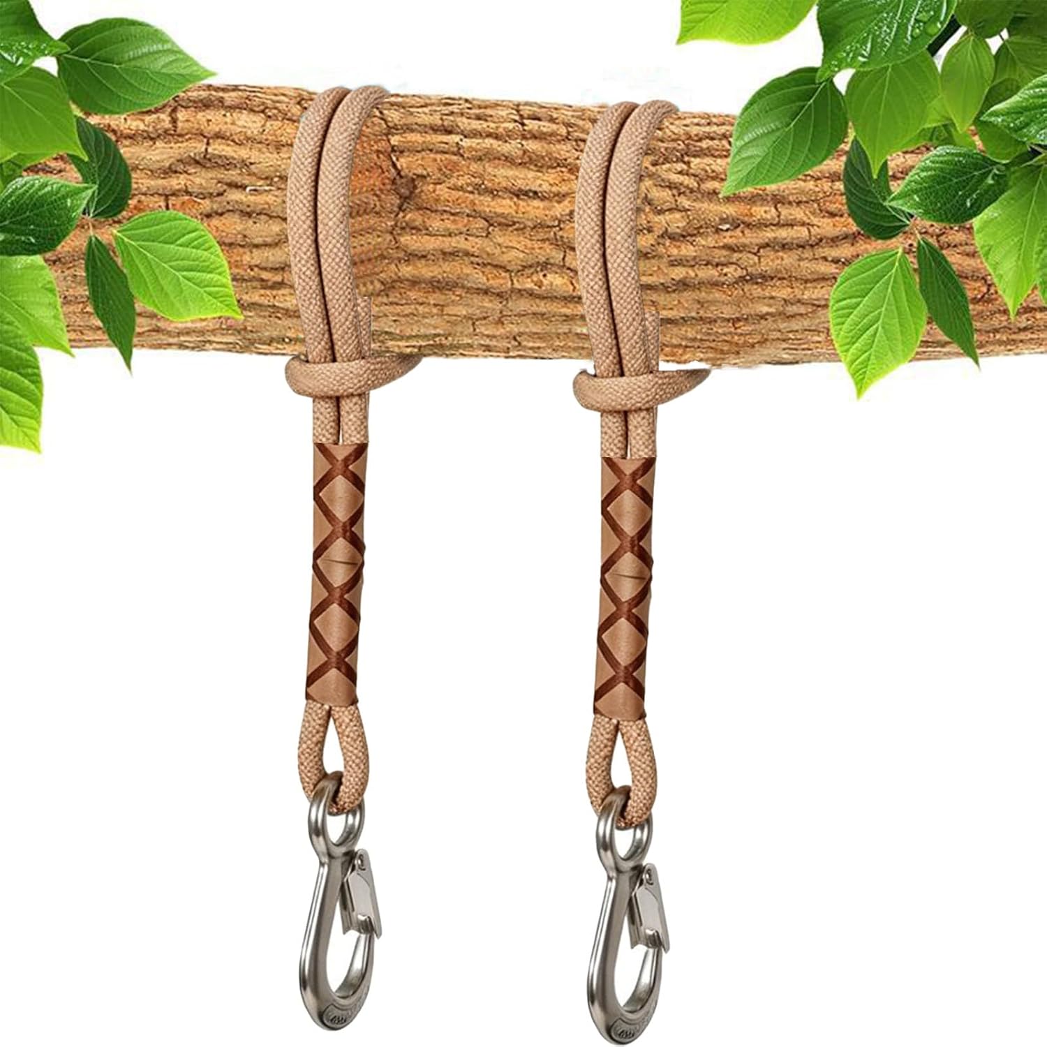 Heavy Duty Tree Swing Ropes, Hammock Hanging Straps with Carabiner for Yoga Trapeze, Outdoor Swing Suspension Rope for Tree Patio Playground, Brown 0.6m/24inch, 2 Pack