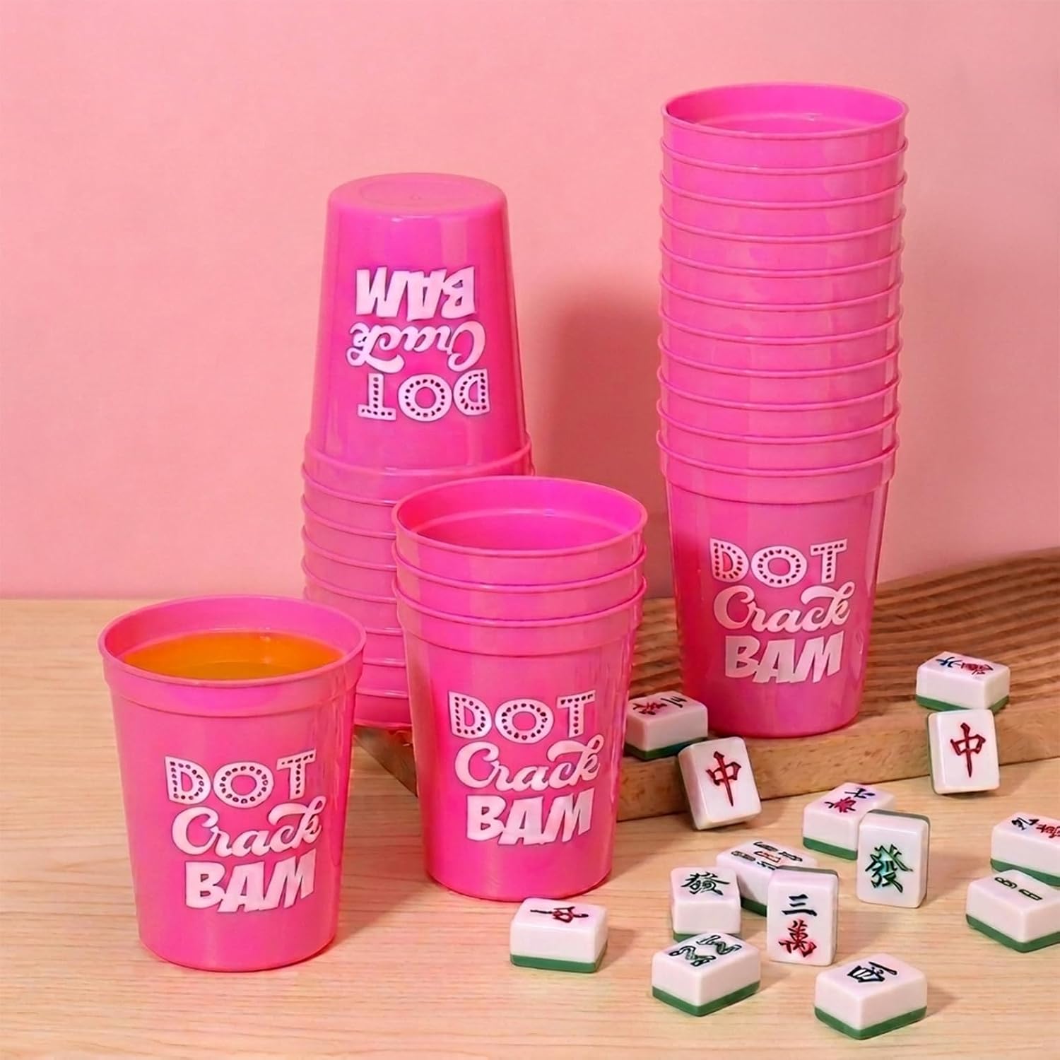 16Pcs Mahjong Plastic Cups Reusable 16oz DOT Crack BAM Party Supplies Themed Birthday Game Night (Pink)