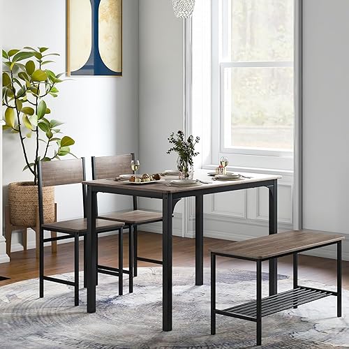 Miniatura 10 de Moccha - Juego de mesa de comedor para 4, mesa de cocina de madera con 2 sillas y un banco largo, moderno comedor de 4 piezas con marco de metal y