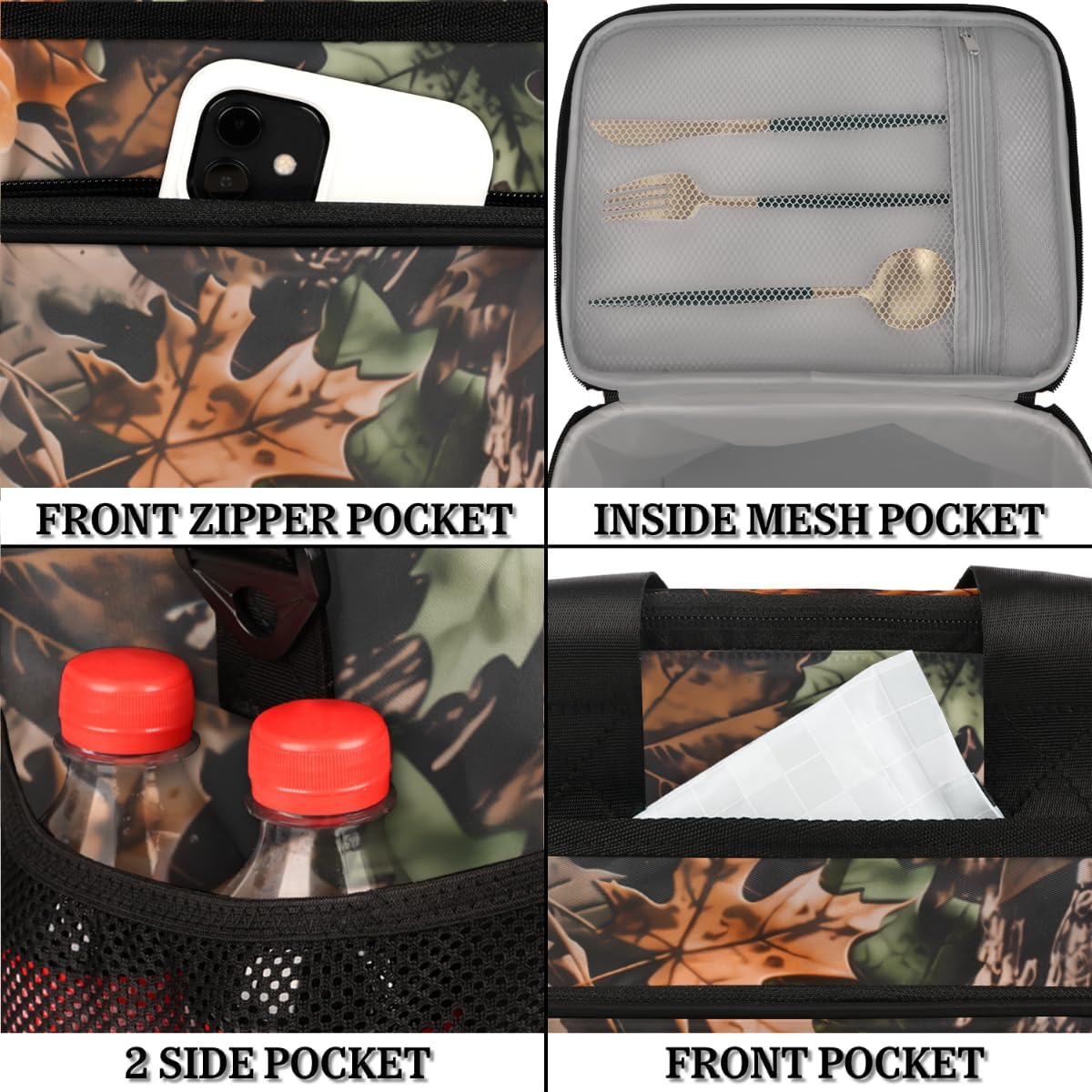 Leakproof Reusable Insulated Cooler Lunch Bag Tree Leaves Camouflage Camo Picnic Lunch Box for Women Men Cooler Tote Office Work Camping Beach 24 Can 15L