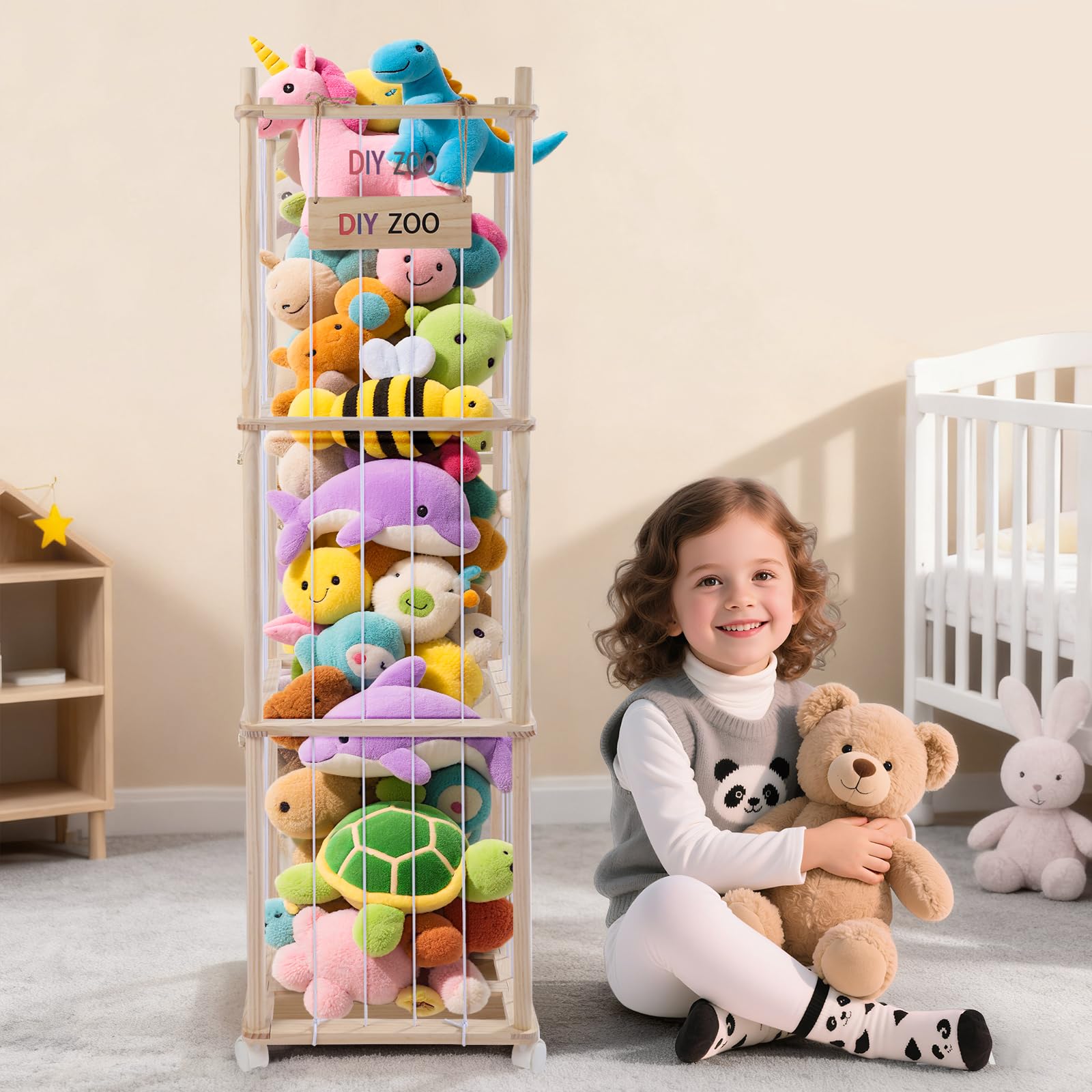 Sunowl Kuscheltier Aufbewahrung, Stofftier Aufbewahrung Mit 360°Bremse-Ausgestattete Räder,138 * 41 * 41cm für Kinderzimmer, Spielzimmer, Wohnzimmer usw