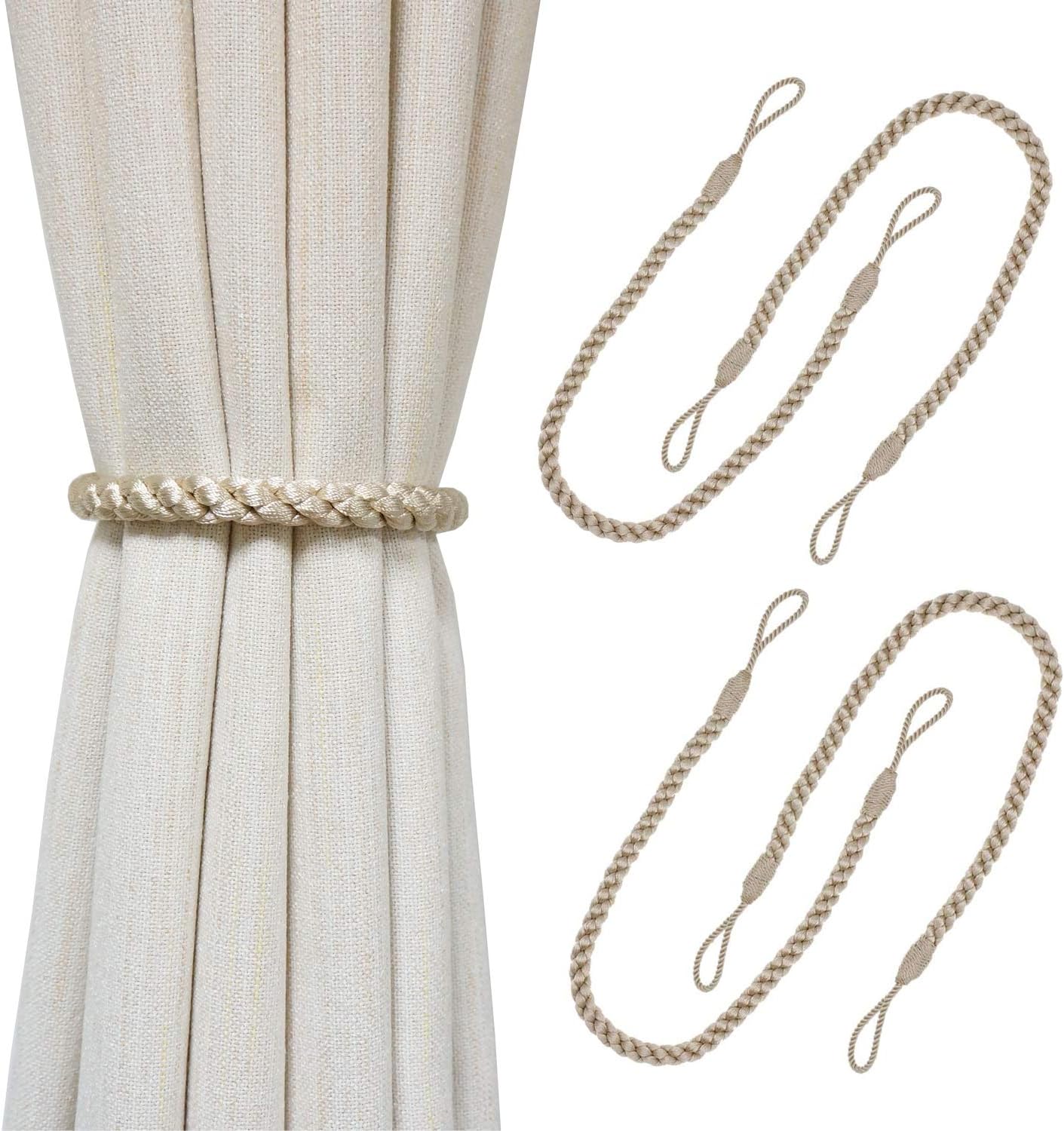 Curtain Tiebacks Ropes, 4pcs Decorative Handmade Tie Backs Curtain Holdbacks Holders Cord for Window Sheer Drapes Indoor Outdoor, Beige