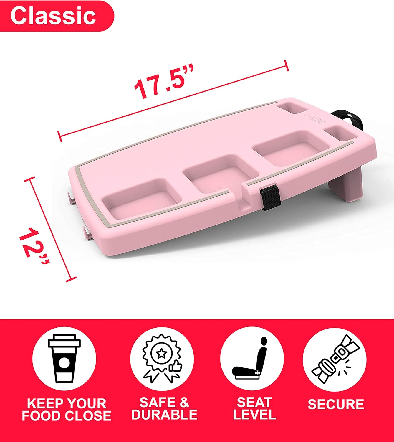 STUPID Car Tray: Ultimate Car Accessory and Portable Tray - Includes 2 12" Elastic Cargo Straps and Quick-Release Seat Anchor - TPV Grippy Ring and Feet - Pink