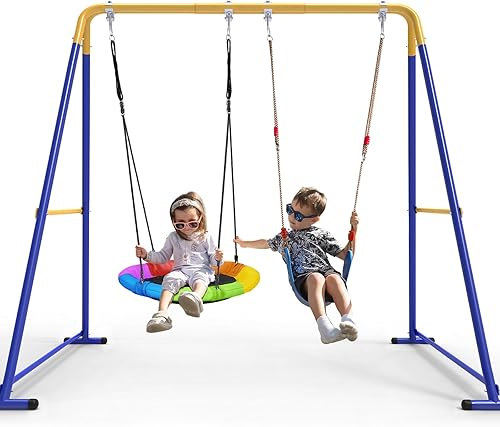 Conjuntos de columpios para el patio trasero, juego de columpios para niños pequeños con 2 asientos 1 platillo y 1 asiento con cinturón, marco de