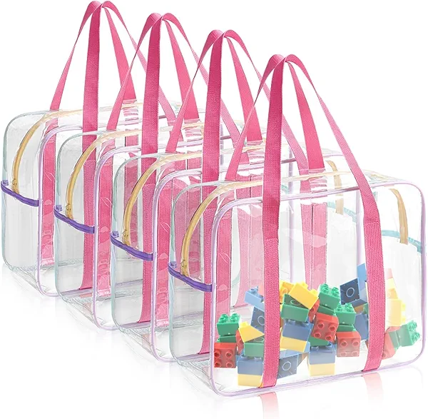 4-Pack PVC Toy Storage Bags, Large 13.8" x 3.2" x 10" Clear Double Zipper Organizing Bags with Handle, Colored Blocks Board game Storage Organizer Case for Playroom
