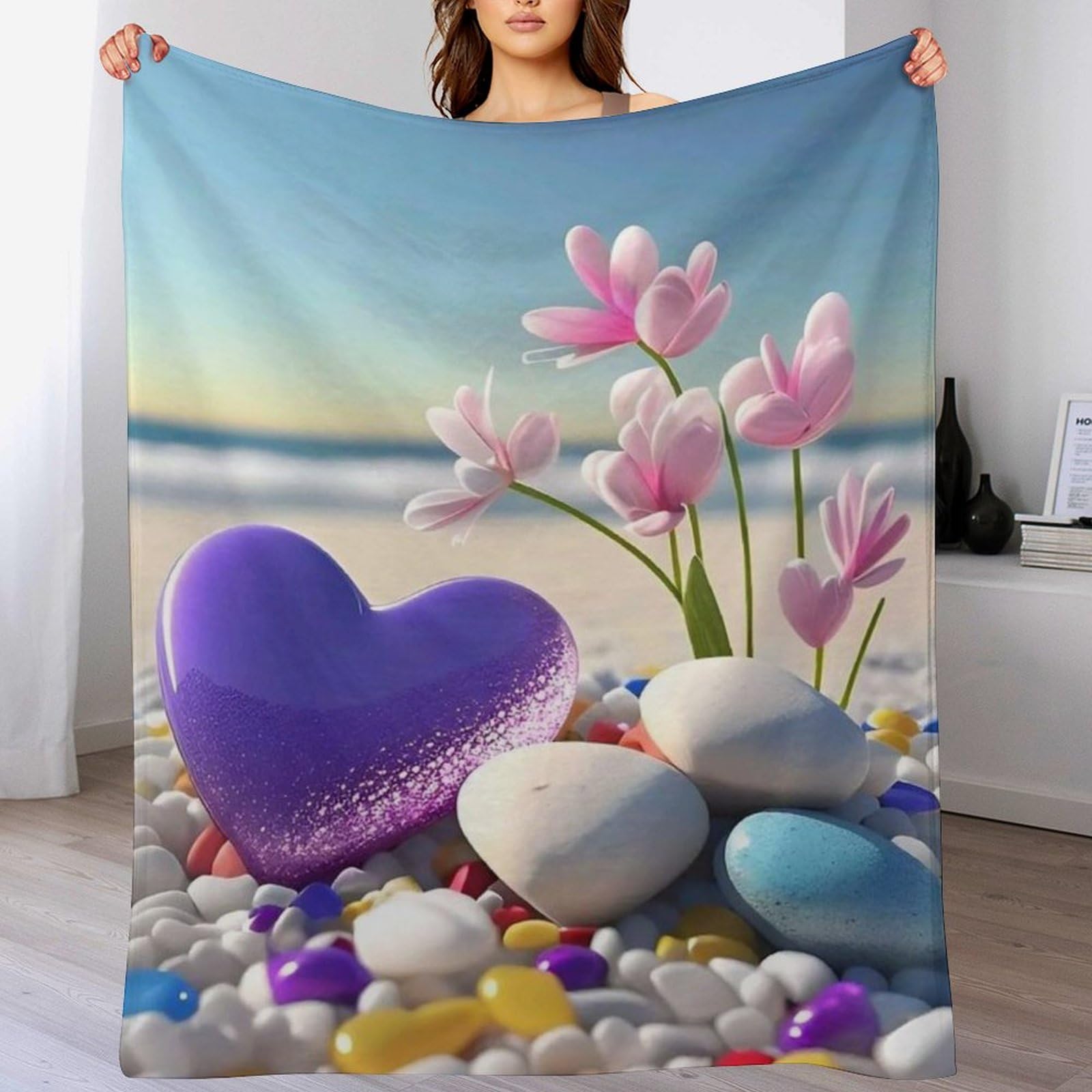 Couverture en flannel super doux motif galets jeté de lit polaire 150x200cm pour canapé