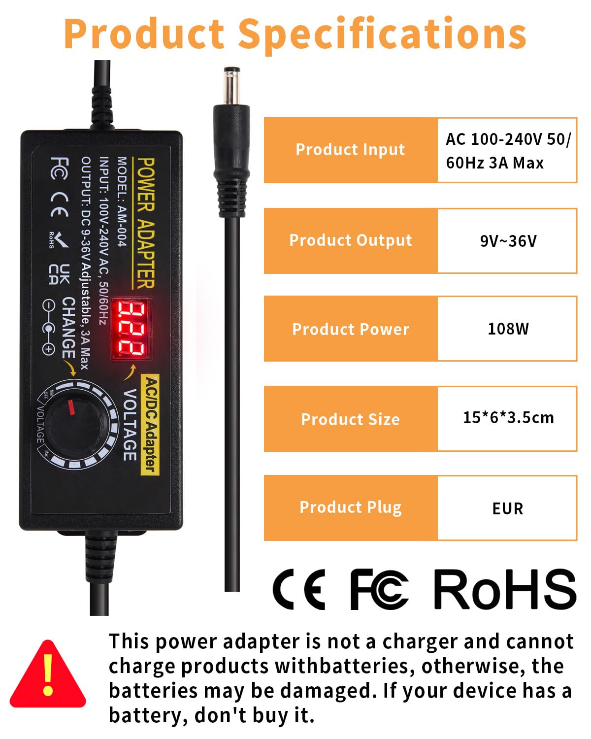 108W Universal Power Supply 9V 12V 14V 15V 16V 18V 19V 20V 24V 30V 36V Adjustable Variable AC/DC Adapter with Voltage Displays, 100V-240V AC to DC 9V~36V Converter 0.5A 1A 1.2A 1.5A 2A 2.5A 3A Max