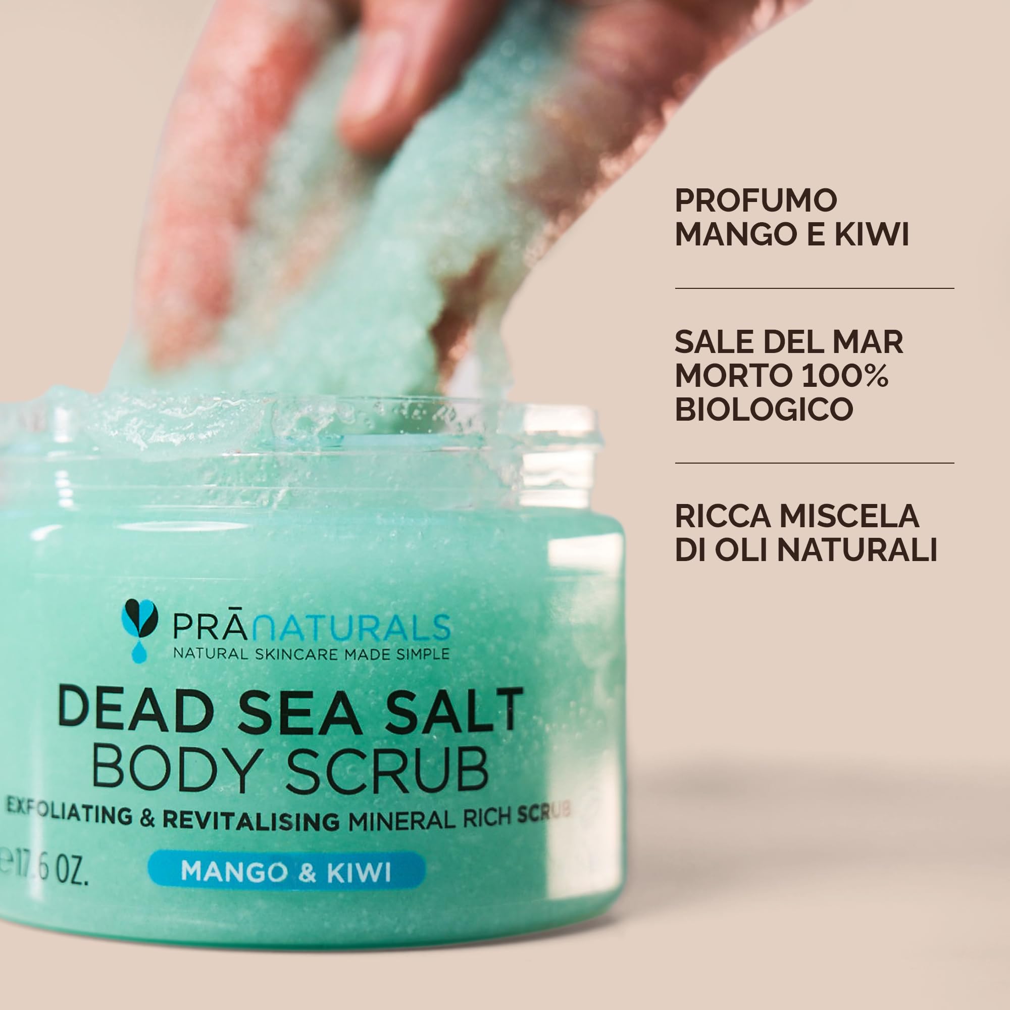 Pranaturals Scrub Corpo Rivitalizzante ai Sali del Mar Morto 500g, Esfoliante e Nutriente, Ricco di Minerali Naturali, Ideale per Tutti i Tipi di Pelle (Mango e Kiwi)