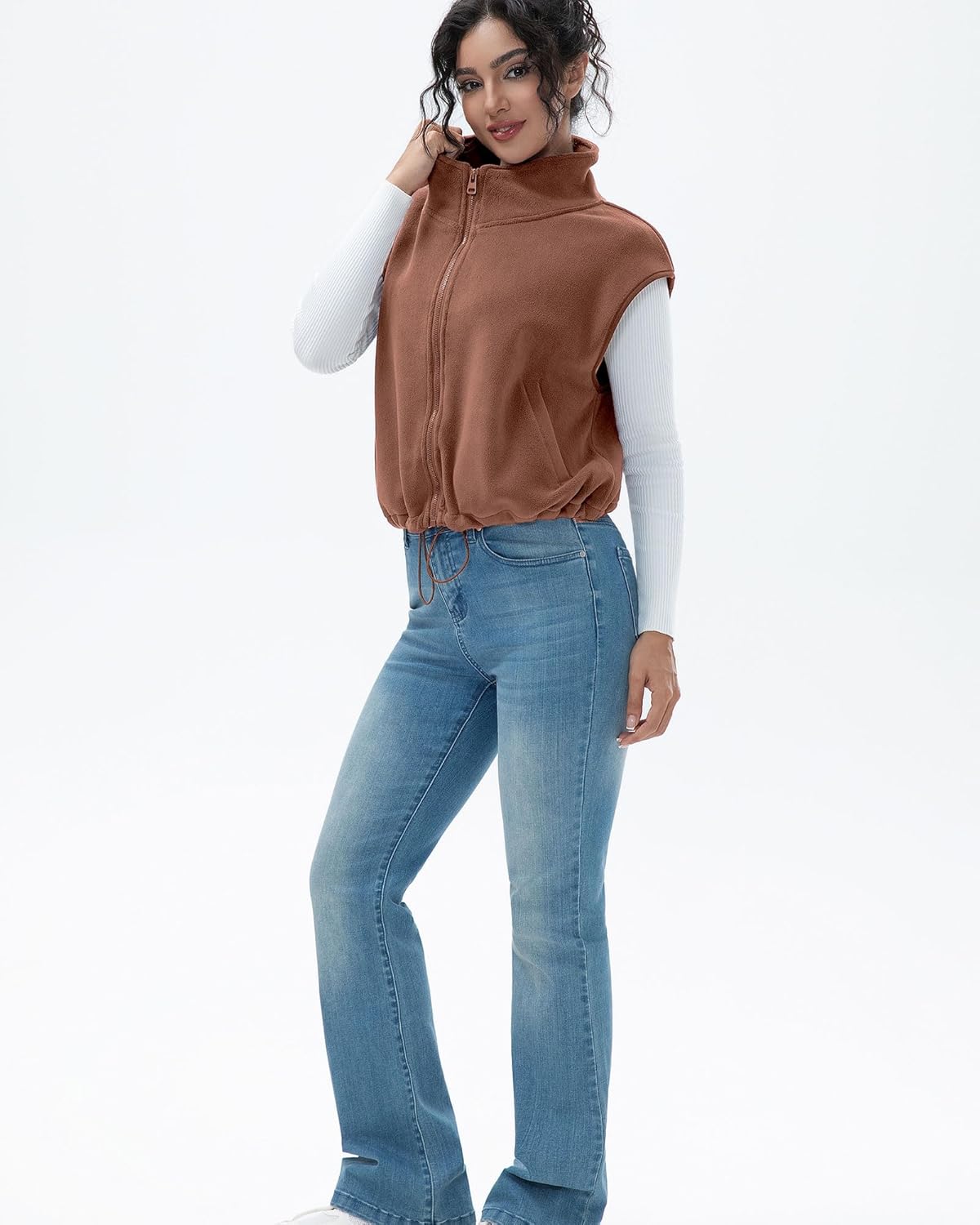 Women's Full Zip Fleece Short Vest Warm Winter Sleeveless Stand Collar Sherpa Crop Coat - Image 8