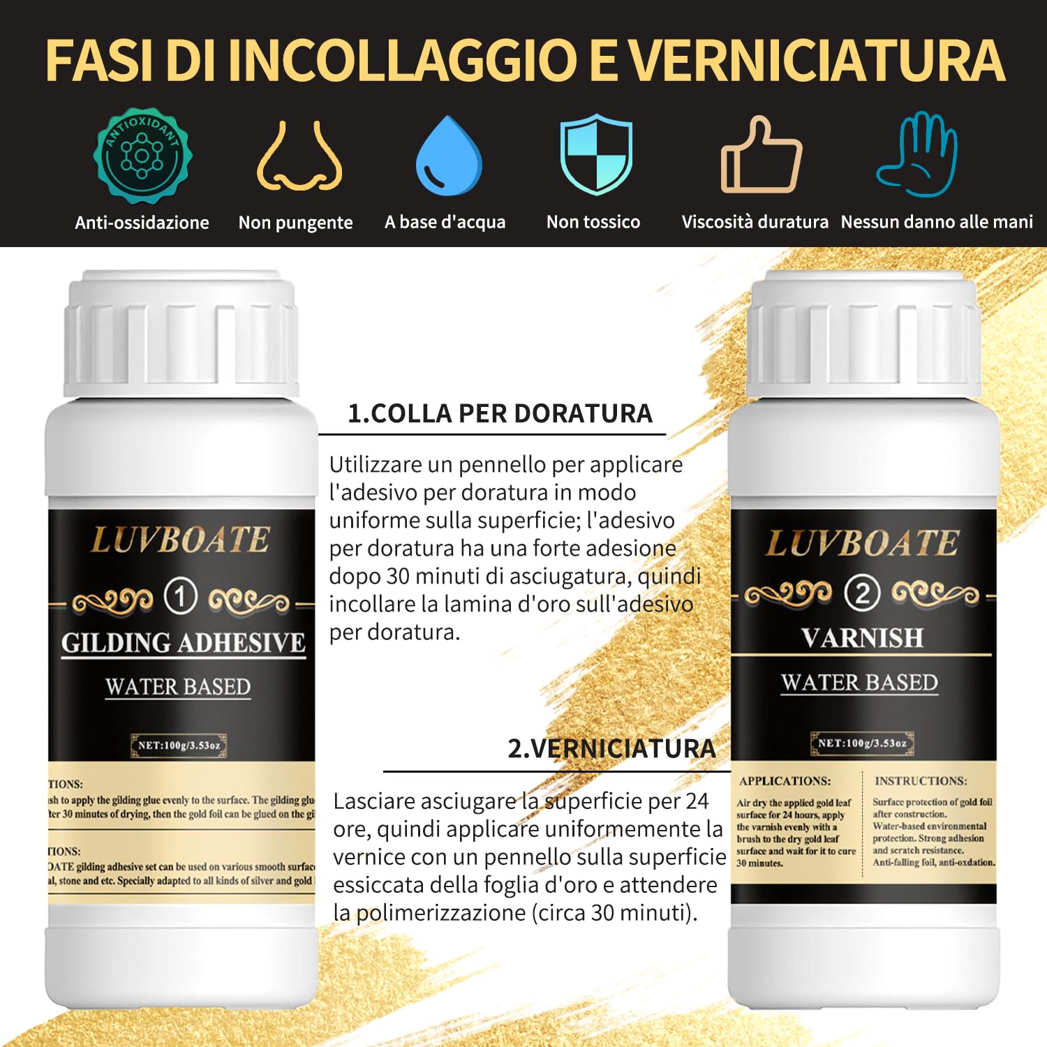 Set di fogli d'oro adesivi, LUVBOATE Set di fogli d'oro, 100ml di adesivo per doratura a base acquosa e 100ml di vernice protettiva, 100 fogli d'oro per arte, pittura, arredamento e decorazione