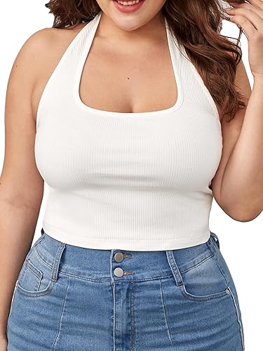 WDIRARA Women's Plus Size Sleeveless Backless Rib Knit Crop Halter Top - 3X-Large Plus - White