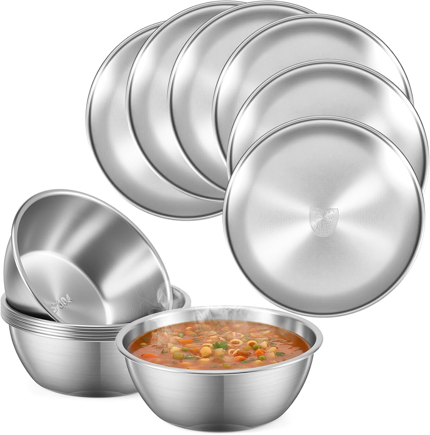 304 Stainless Steel Plates and Bowls Sets for 6, 12 Pieces 9 Inch Metal Camping Plates and Bowls Sets for Picnic, Travel, Reusable Double Insulated Dinnerware for Adult Girls Boys (Silver)