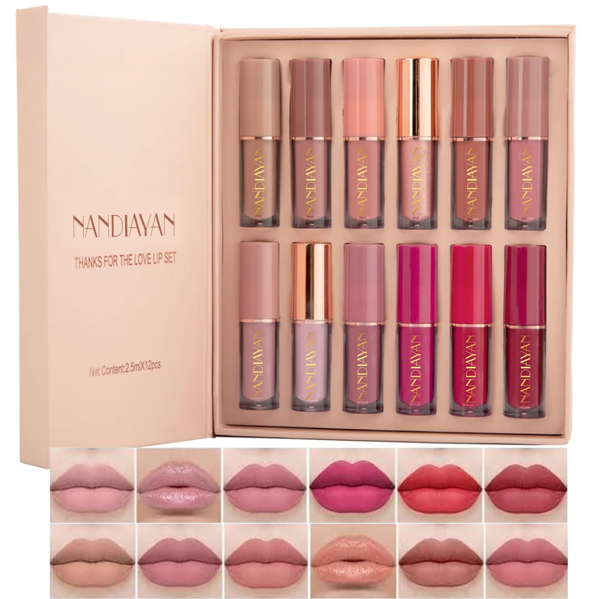 Nandiayan 12Pcs Velvet Matte Liquid Lipstick Set, Waterproof Long Lasting Quick-drying Non-Stick Cup Nude Lip Stain Kit
