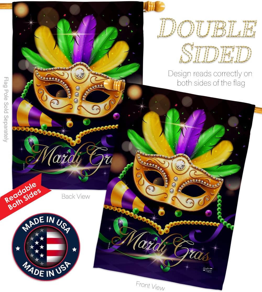 Mardi Gras Party House Flag - Spring Carnival Festival Masquerade Celebration Season Holiday French - Decoration Banner Small Garden Yard Gift Double-Sided Made in USA 28 X 40