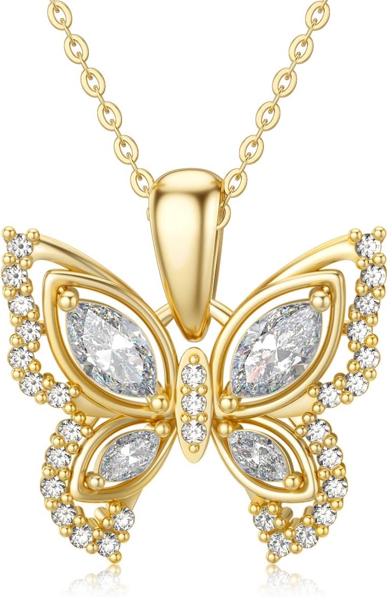 10K 14K 18K Gold Butterfly Necklace for Women, Real Gold Butterfly Pendant Necklace Jewelry Gift for Birthday, Mother's Day