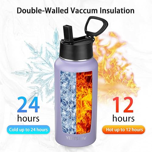 Miniatura 5 de Botella de agua aislada con popote, botella de agua deportiva de acero inoxidable aislada al vacío de 32 onzas, mantiene el frío y el calor, botella