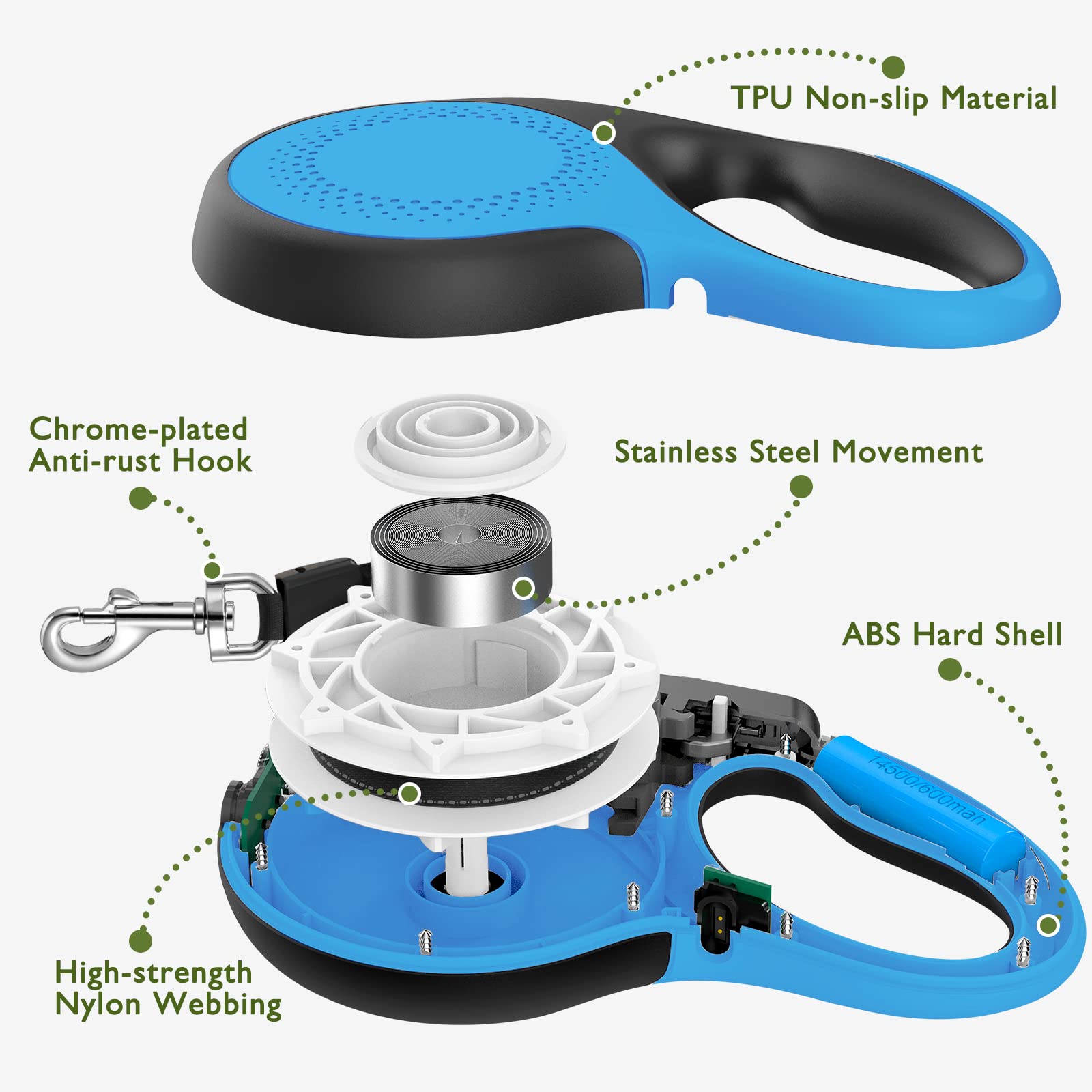 Laisse rétractable durable de 4,8 m pour chiens ou chats de taille moyenne avec lampe de poche LED et port de charge amélioré, pour promener jusqu'à 30 kg, bleu