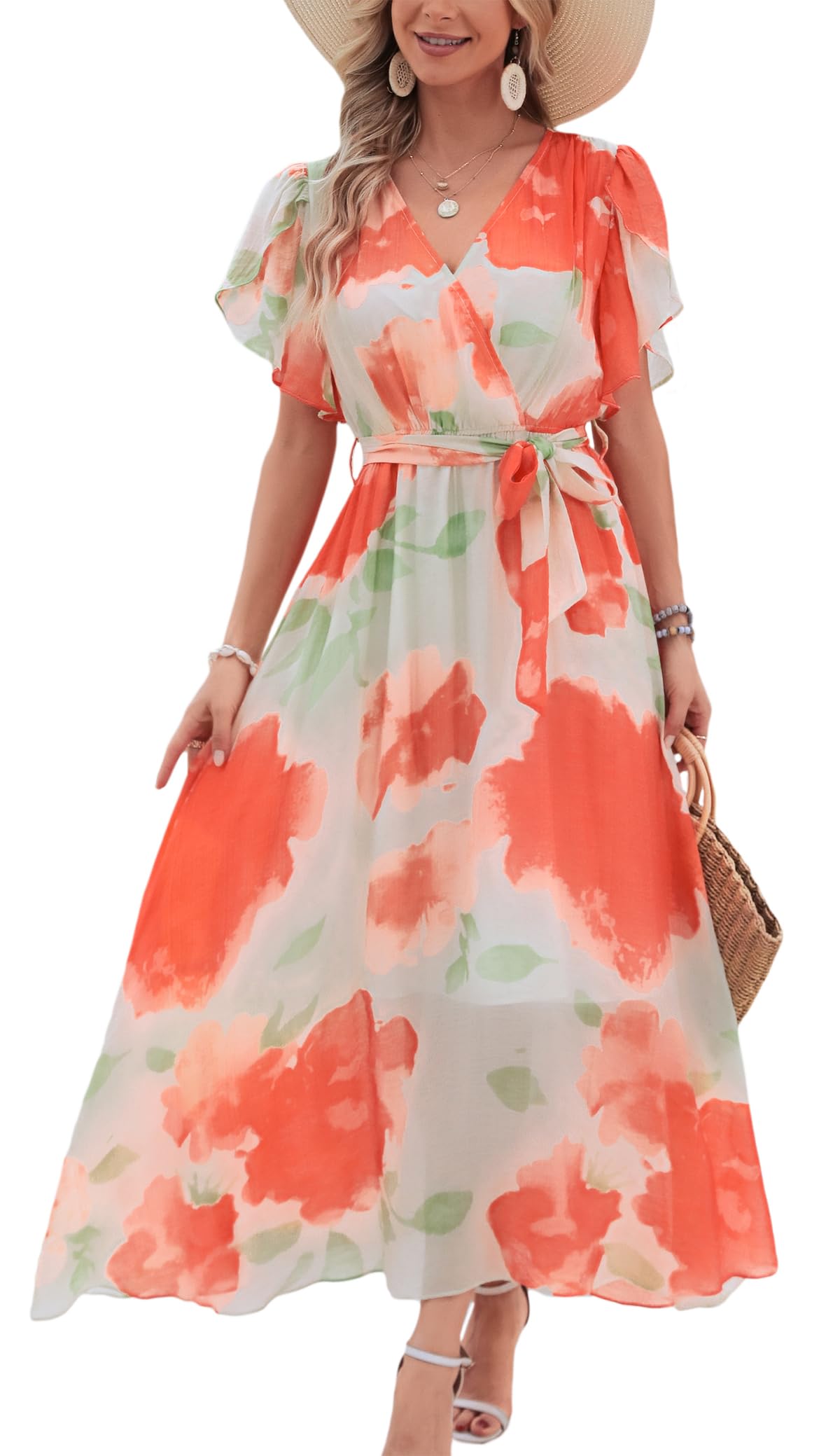 Kormei Women Wrap V Neck Boho Floral A Line Flowy Casual Short Sleeve Belted Wedding Guest Party Maxi Long Dress