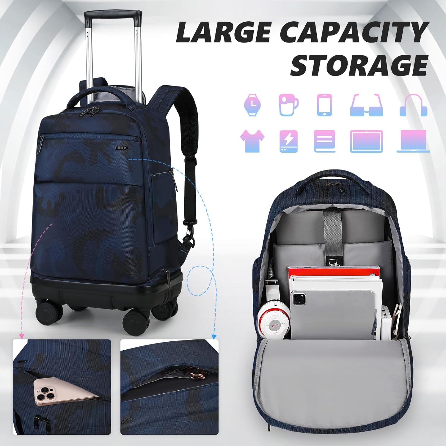 Rolling Backpack with Removable Wheels,18 inch Laptop Backpack with Wear-Resistant Chassis Carry on Travel Backpack Water Resistant Wheeled Backpacks for Women Men