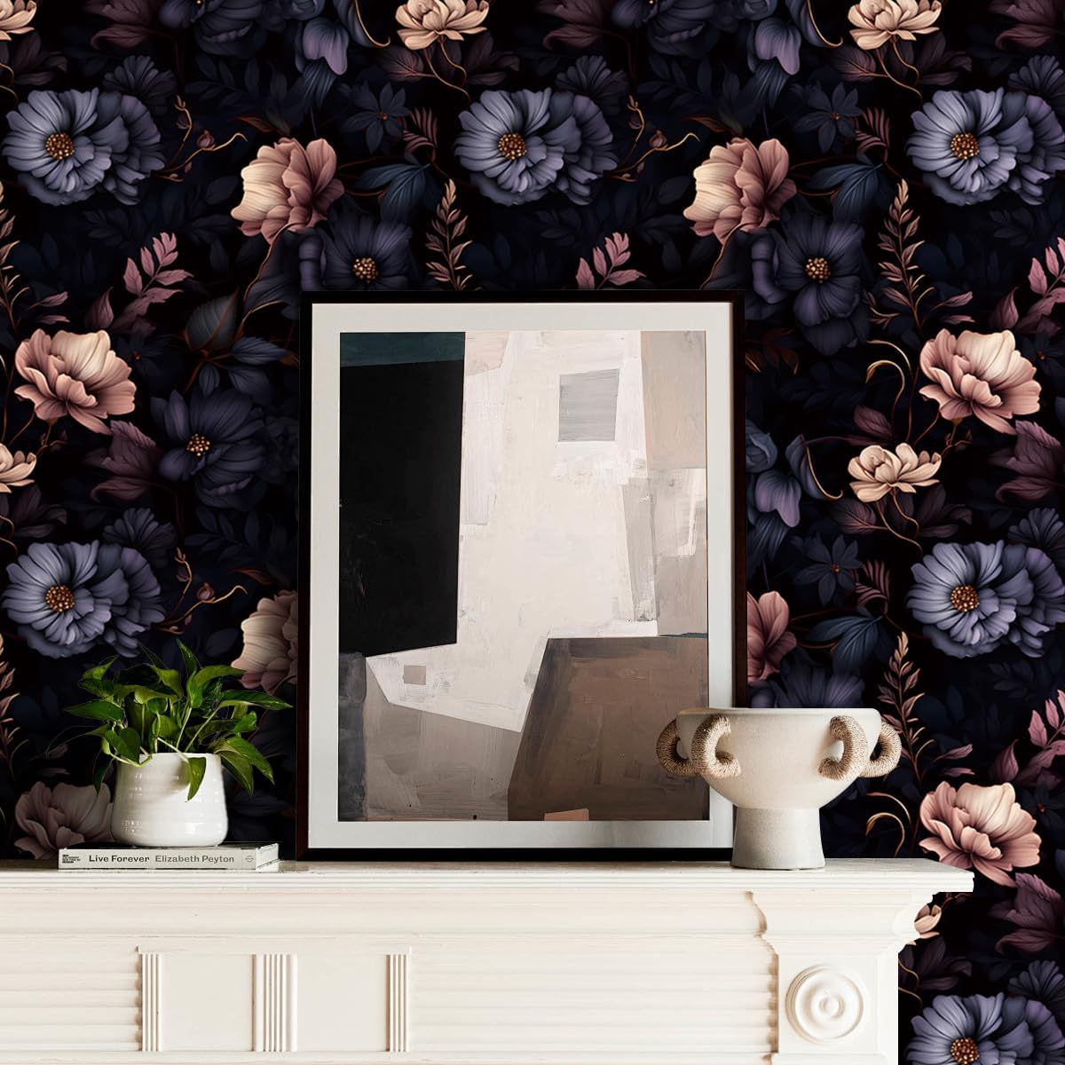 Dark Purple Color Flower Wallpaper 17.71"x118.1" Peel and Stick Wall Paper Waterproof Vinyl Matte Flower Contact Paper for Kitchen Cloak Room Walkway