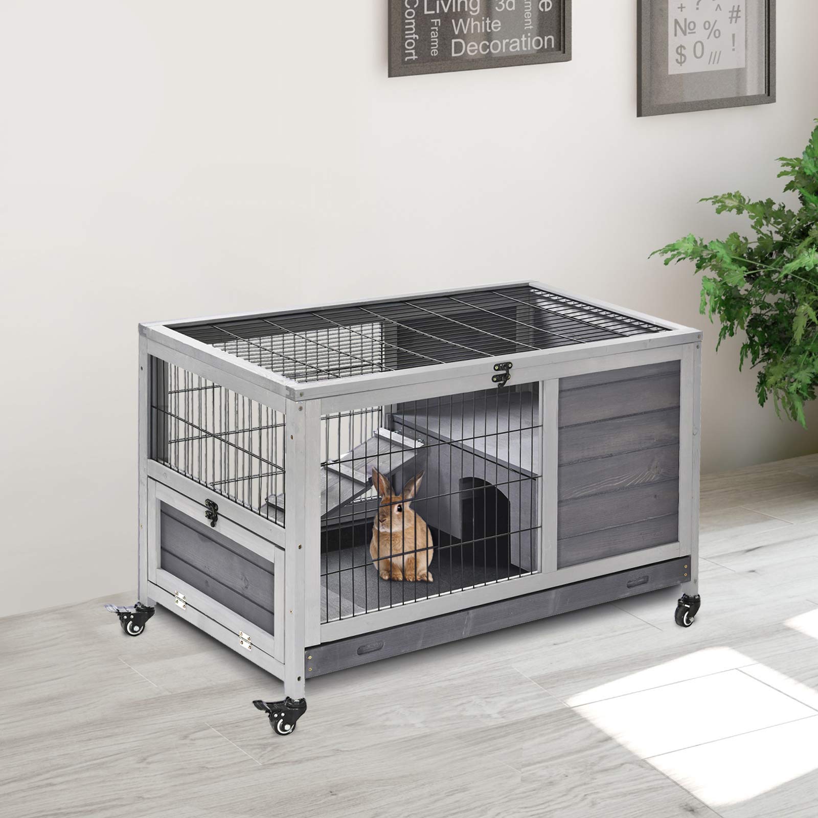 PawHut Wooden Rabbit Hutch Indoor Elevated Cage Habitat with No Leak