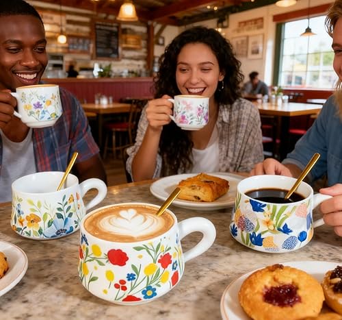 Miniatura 3 de Juego de 4 tazas de café, tazas de té de cerámica de 9 onzas, diseño floral vintage original, tazas de capuchino, tazas de café, tazas de té con