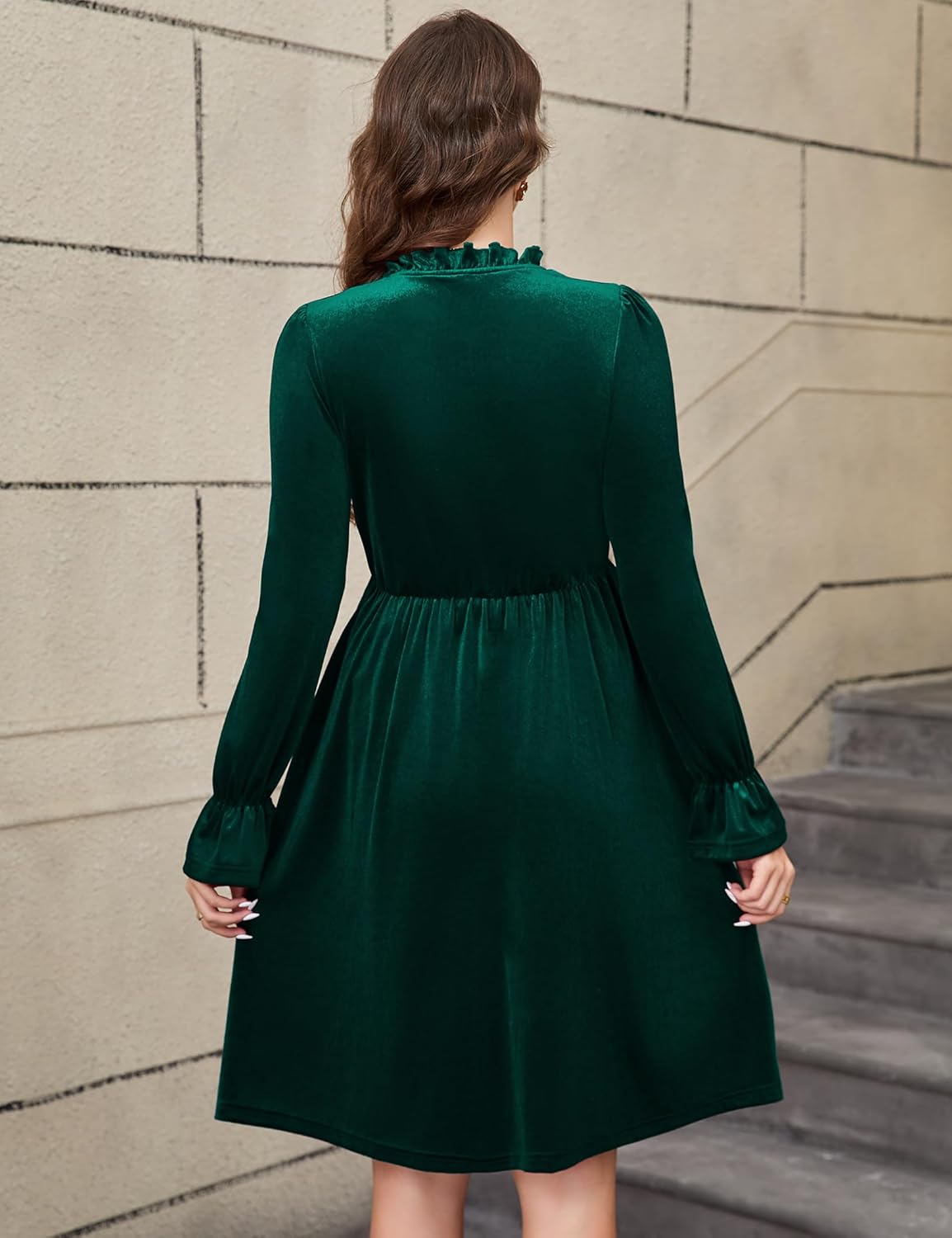 KOJOOIN Maternity V Neck Velvet Dress Women's Ruffle Long Sleeve Cocktail Midi Dresses Photoshoot Baby Shower Fall Dress