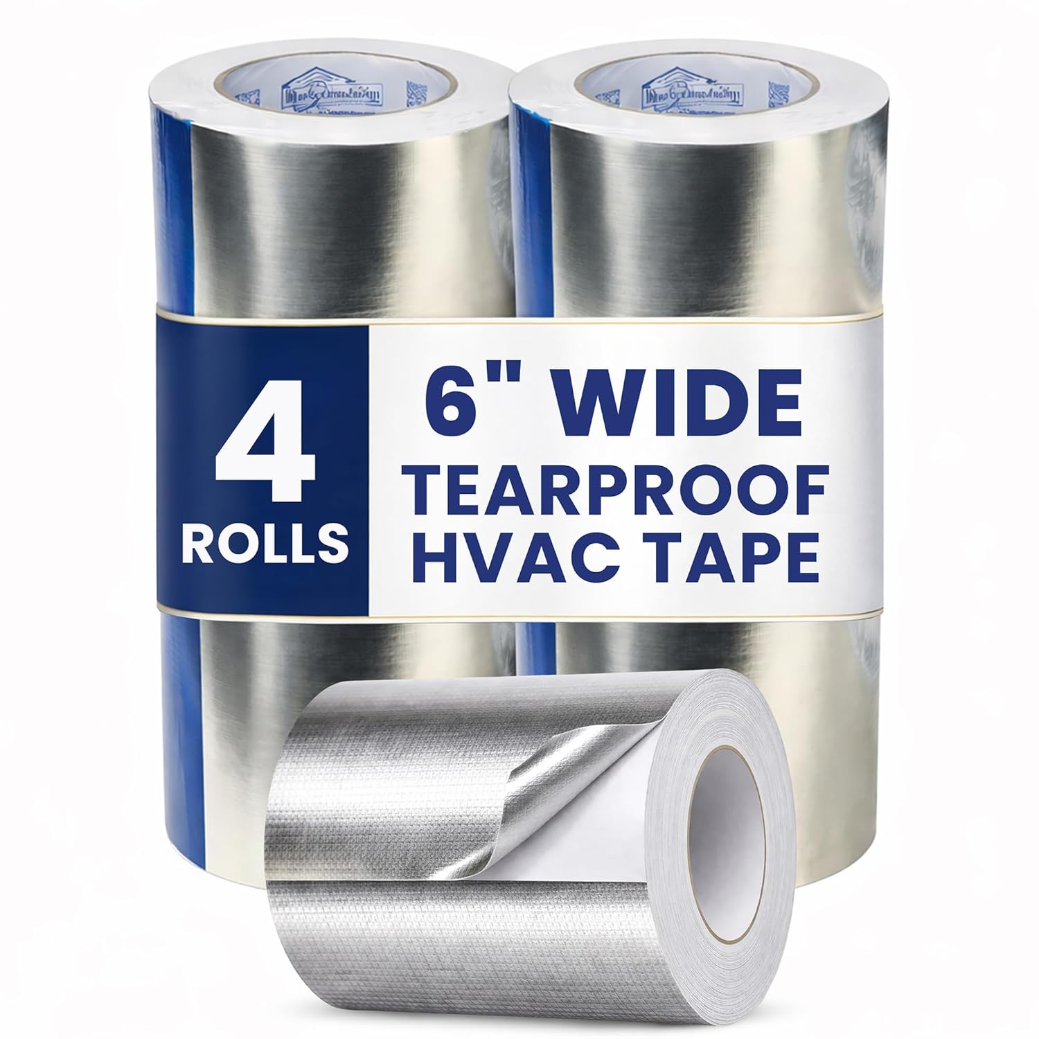 BlueTex Insulationㅤ HVAC Aluminum Foil Tape 6 inch x 150 ft (6 mil), Professional Grade Silver Duct Tape Metallic, Tear-Proof Woven HVAC Tape Heavy Duty for Ductwork, Dryer Vent & Insulation - 4 Rolls