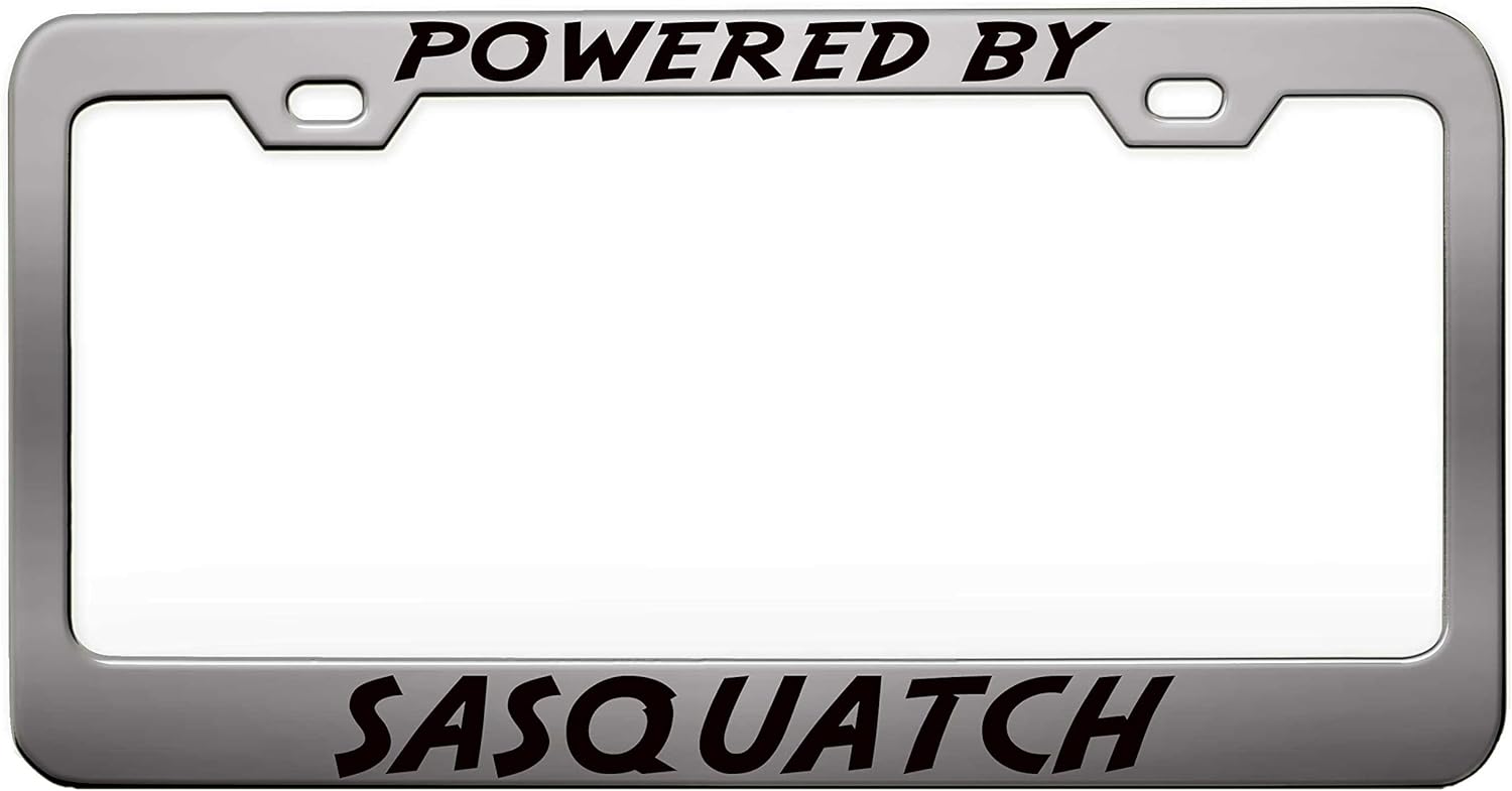 Powered by Sasquatch Chrome Steel Metal License Plate Frame Auto Car SUV Tag Holder, R54