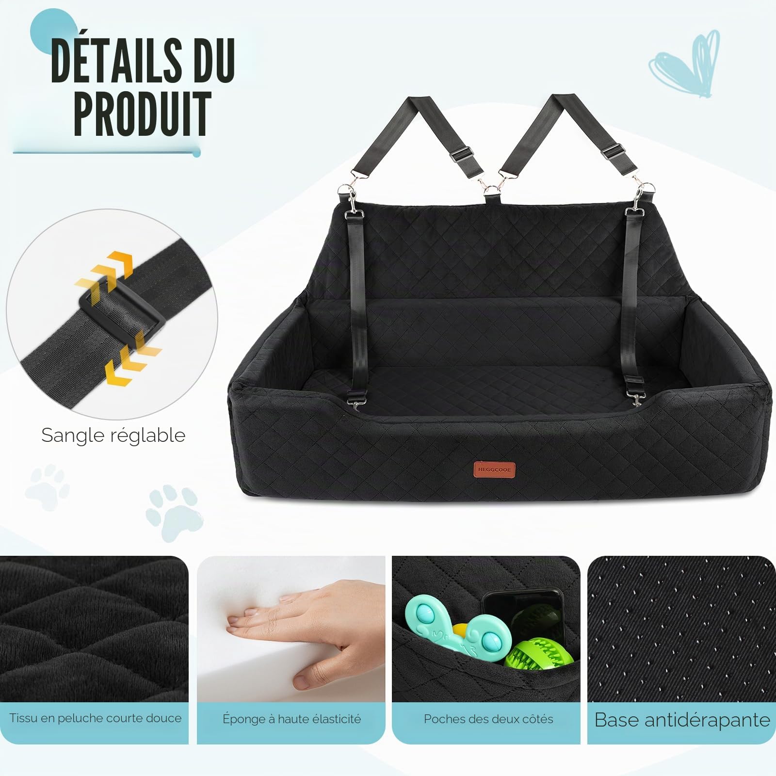 HEGGCOOE Grand siège auto pour chien de moins de 45,4 kg, lit de voiture lavable pour 2 chiens de taille moyenne, siège rehausseur amovible pour animal de compagnie avec poche de rangement et ceinture