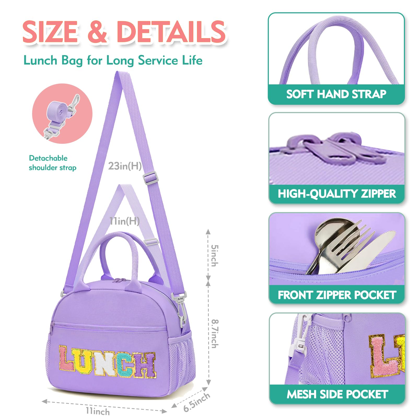 Beaulyn Lunch Bag for Women, Preppy Lunch Box for Girl, Large Insulated Lunch Bag with Adjustable Shoulder Strap, Reusable Lunch Tote Bag with Chenille Letter for Work School Picnic - Image 2