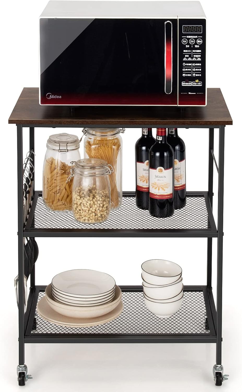 Kitchen Cart, Industrial Microwave Cart, 3-Tier Rolling Utility Cart on Wheels with Metal Frame Wooden Table and Two Grid Storage Shelves for Kitchen and Living Room, Bedroom (Brown)