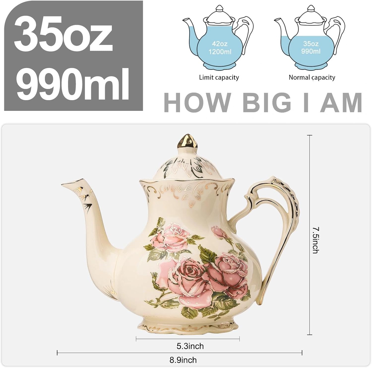 Porcelain Tea Pot, 35 OZ/4 Cup (Pink Rose)