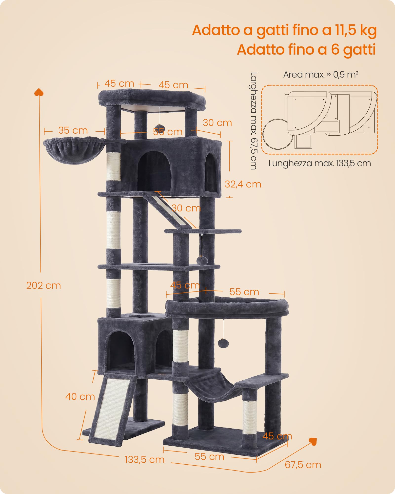 Feandrea Albero per Gatti XXL, Torre Tiragraffi in Sisal con Doppia Base, 6 Aree di Riposo, 133,5 x 67,5 x 202 cm, Grigio Scuro, per Gatti Grandi, Collezione Clawfy PCT020G201