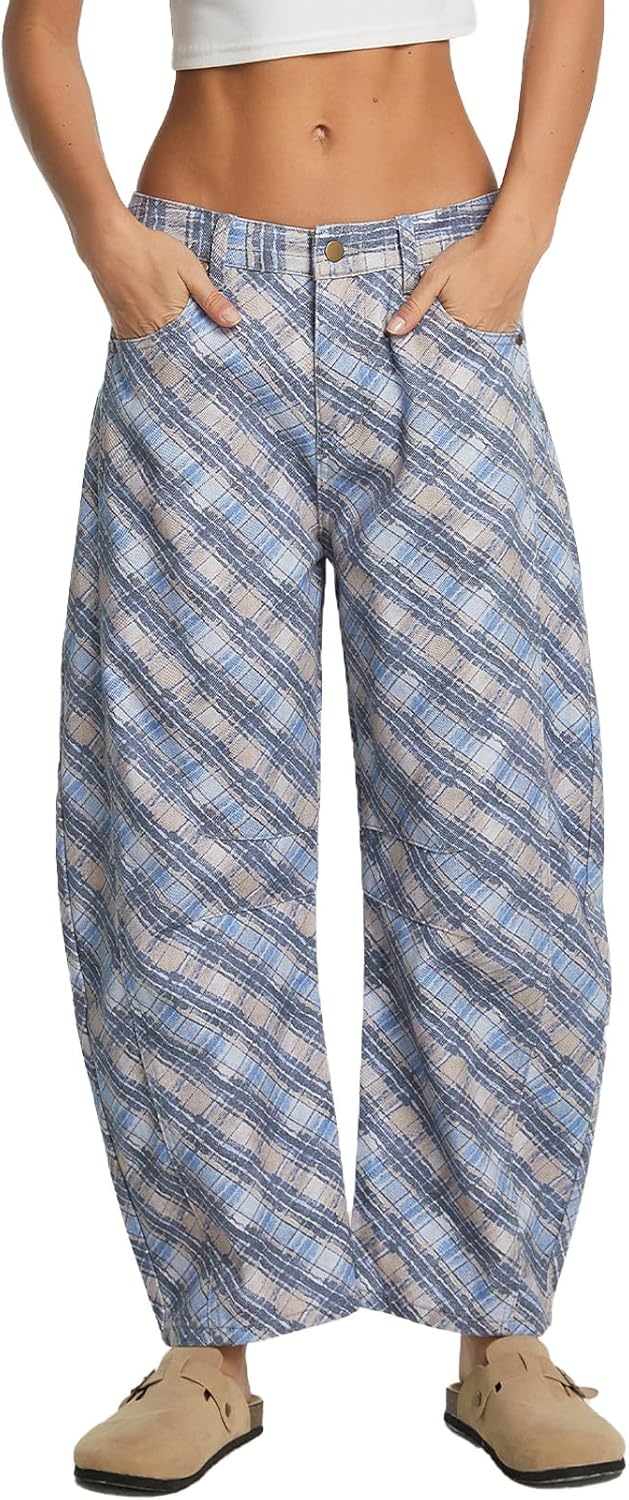 Women's Printed Barrel Jeans Wide Leg Baggy Denim Pants Mid Rise Boyfriend Plaid Pants Y2k Distressed Trousers