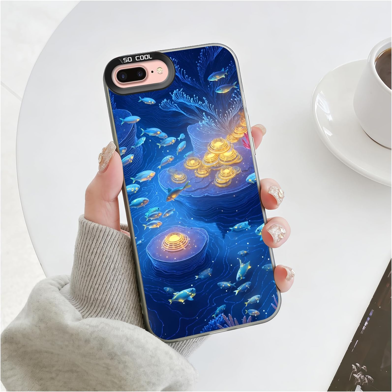 for iPhone 7 Plus Case 5.5 inch Underwater Gold Coin & Fish Pattern Color Silver Acrylic Hard Shell Soft Edge, Playful & Luxe, Family Fans