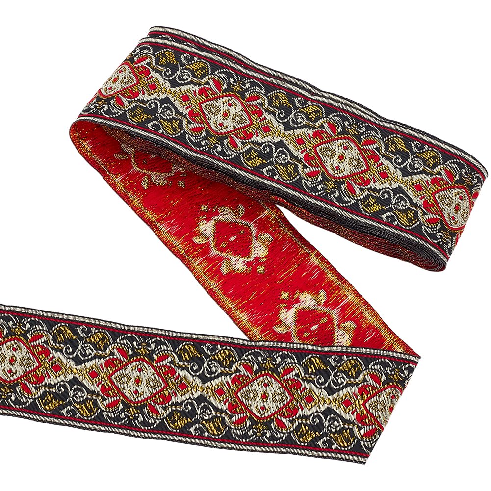 FINGERINSPIRE 20 Yards/18.3 M 11Mm Rood Zwart Vintage Jacquard Lint Wit Bloemen Vlinder Patroon Geborduurde Geweven Trim Etnische Retro Jacquard Trim Voor Naaien, Versiering Ambachtelijke