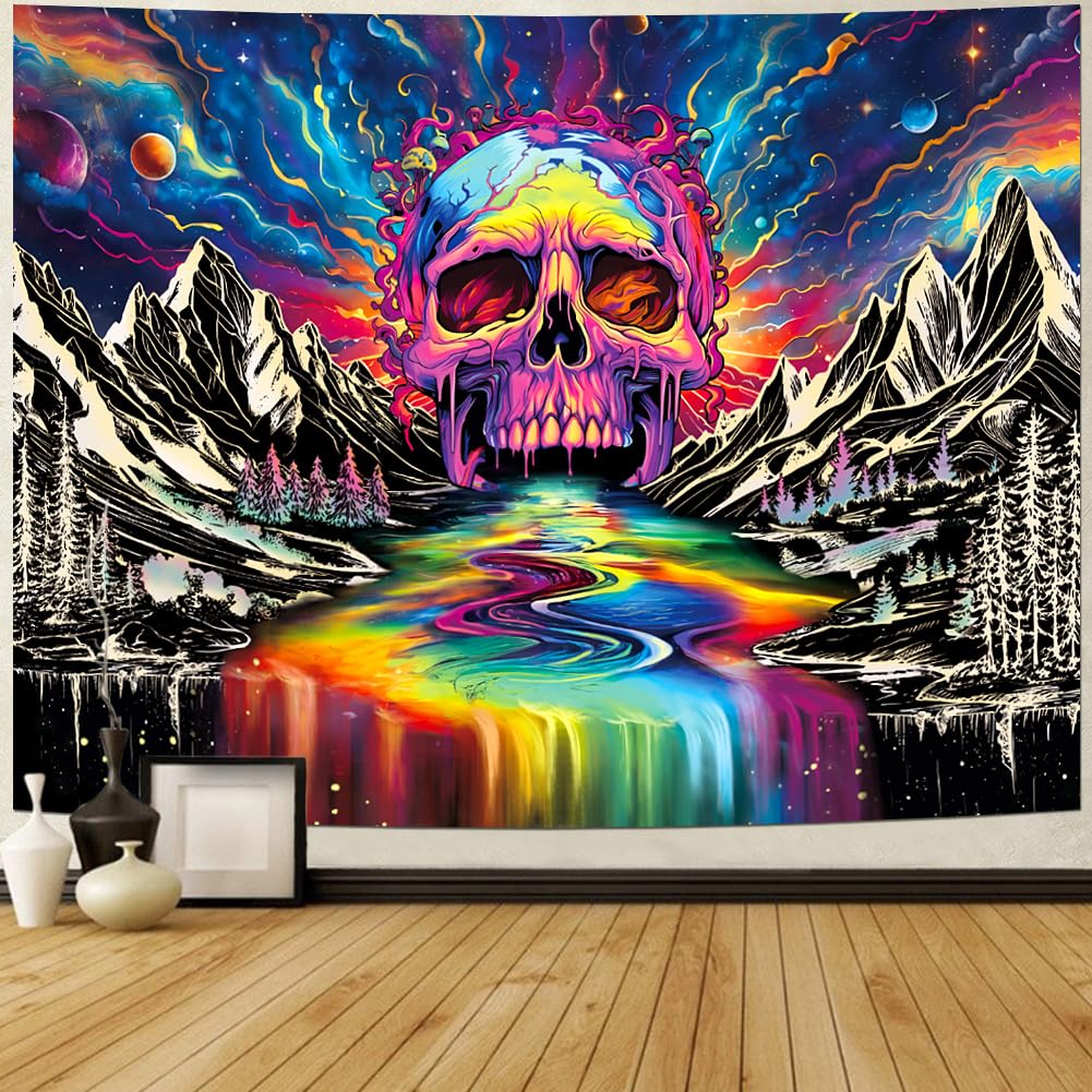Dremisland Tapisserie Murale Galaxie Planète Blacklight - Cascade Montagne Lumière Noire UV Réactive - Décor Néon Chambre