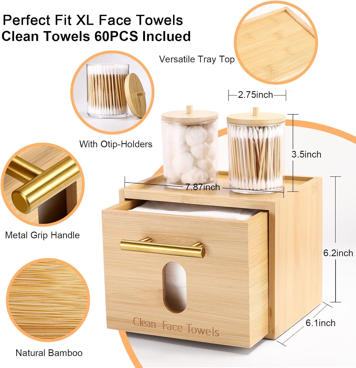 disposable face towel holder bamboo storage box with 60 xl towels, cotton balls holders, facial towels container box with drawer, towel xl organizer for bathroom, makeup remover dry wipes washcloths bamboo engraved box & acrylic jars & face towels