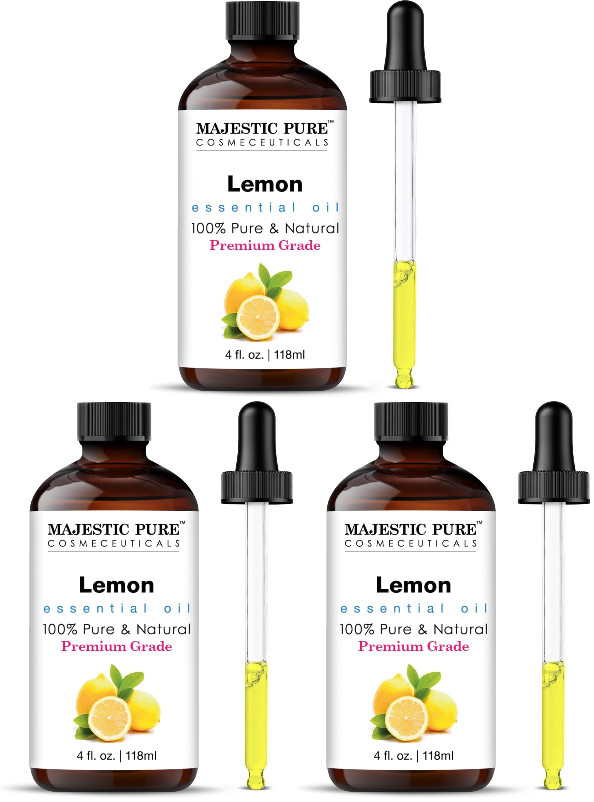 Majestic Pure Essential Oil with Glass Dropper - 100% Pure and Natural - Essential Oils for Diffuser, Aromatherapy, Soap and Candle Making, Lemon Essential Oil, Lemon Oil, 4 Fl Oz (Pack of 3)