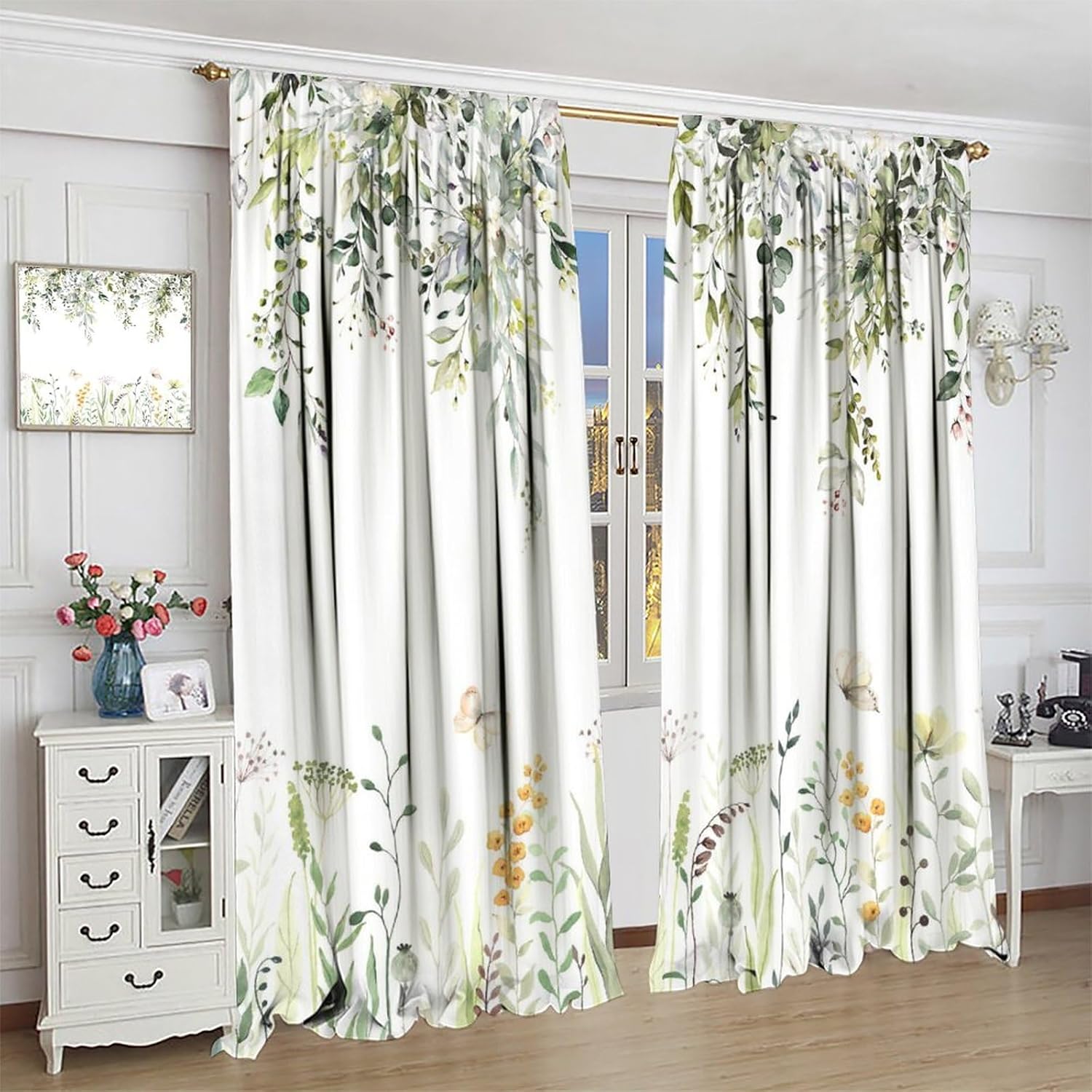 Fall Eucalyptus Leaf Blackout Curtains, Watercolor Fall Thanksgiving Floral Plant Butterfly Rod Pocket Curtains for Bedroom Living Room Curtains42X45 Inch