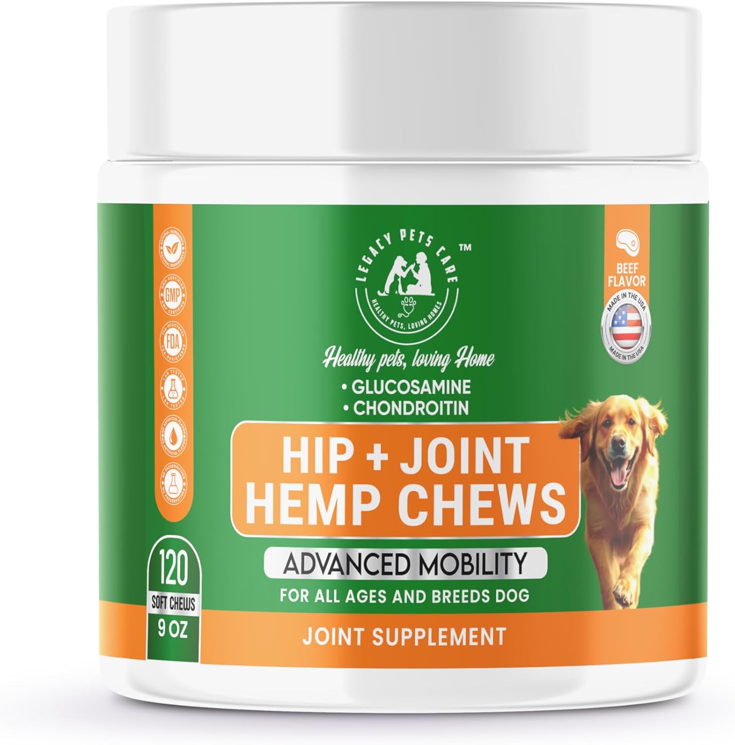 Hip & Joint Supplement for Dogs – Glucosamine Chondroitin Dog Chews with Hemp, MSM, Turmeric – Supports Mobility for All Breeds – Beef Flavor – 120 Soft Chews – Joint Chews