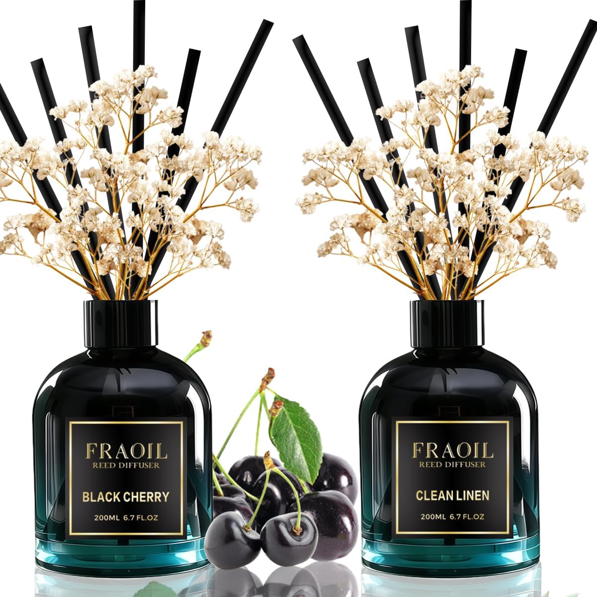 Black Cherry and Clean Linen Reed Diffuser Sets 6.7 fl oz (200 ml) with 6 Reed Sticks, Home Fragrance Reed Diffuser for Bathroom Shelf House Bedroom Office Decor