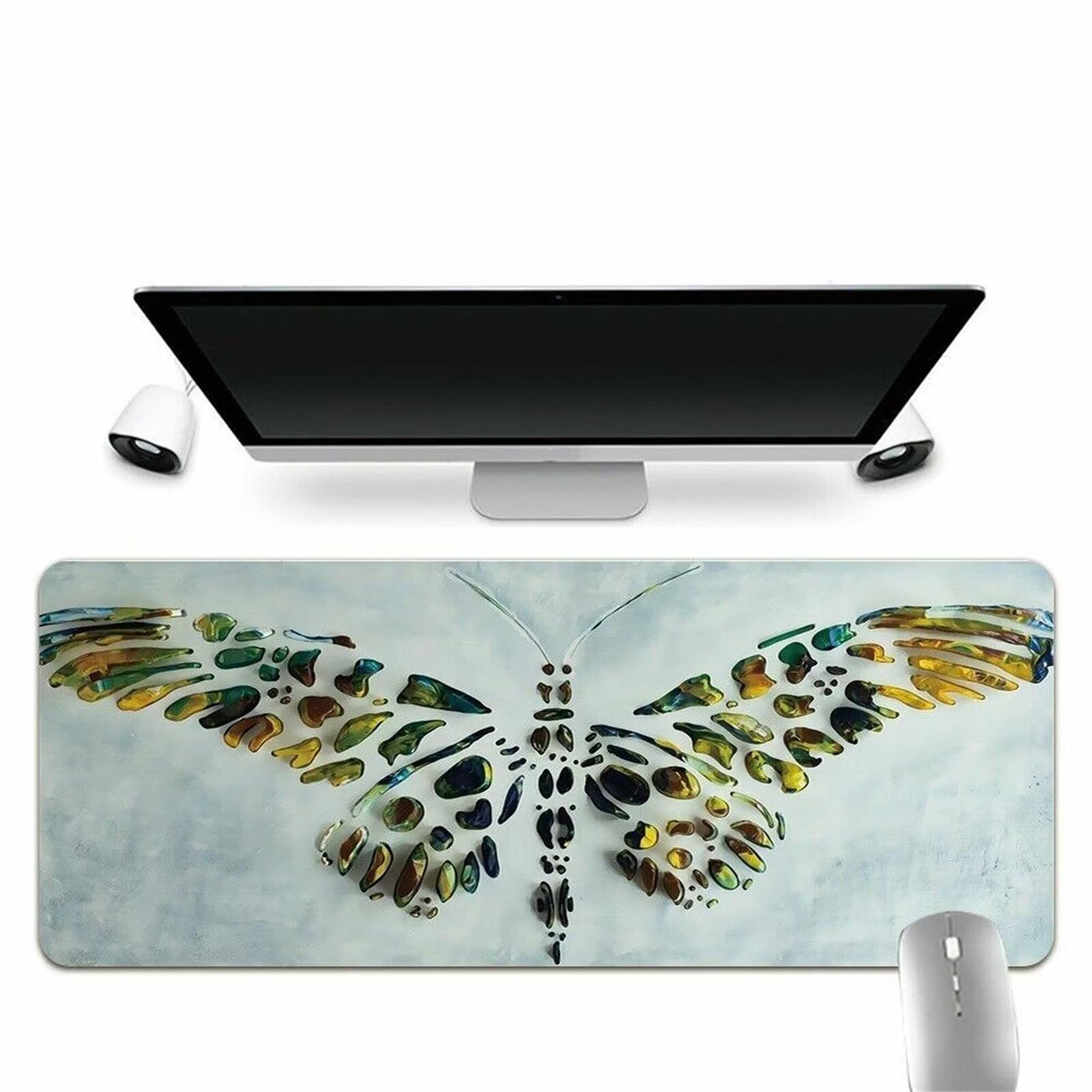 Alfombrilla Ratón XXL 800x400x3mm Grande Alfombra Escritorio,con Base de Goma Antideslizante y Bordes Cosidos Gaming Mouse Pad,Mejora La Precisión Y La Velocidad (Mariposa abstracta de piedras)