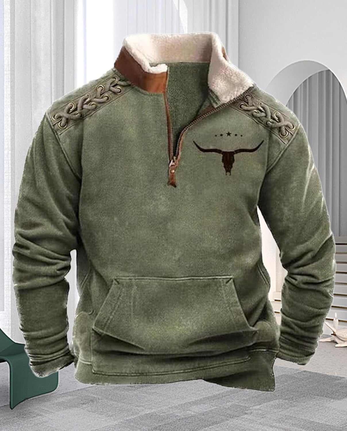 Western Sweatshirts for Men Aztec Retro Pullover Quarter Zip Sweatshirt Mens Stitching Color Fleece Sweatshirt - Image 3