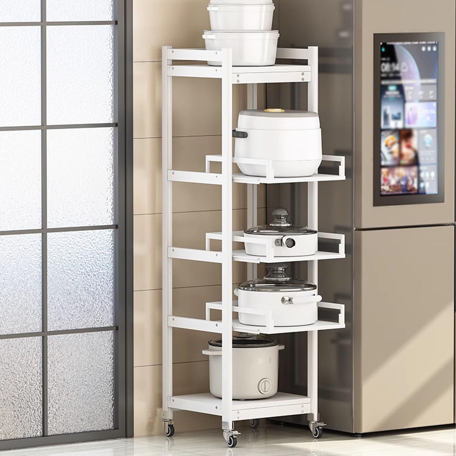 Carrello Per Microonde Con Cestino Estraibile – Struttura In Metallo E MDF, Ruote Bloccabili, Bianco, Capacità Fino A 30 Kg